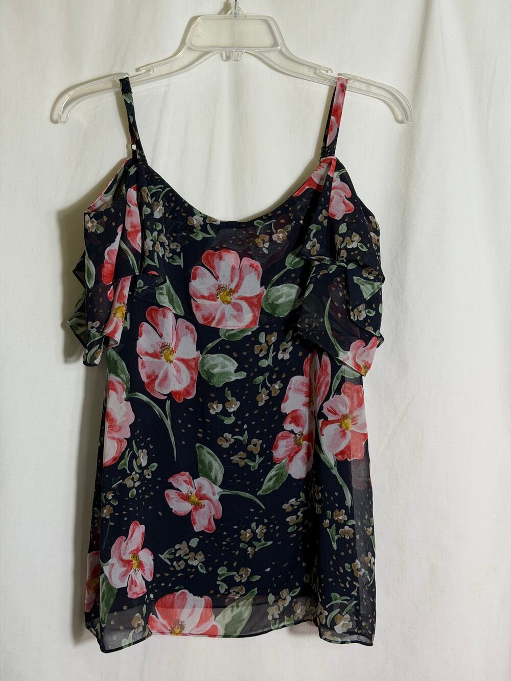 Cabi XS Floral Ruffle Sleeve Cami Tank Top Navy Pink Adjustable Straps